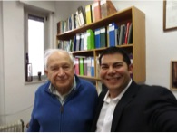 Dr. Raphael Mechoulam (right) and Seth Wong (left) in the Dr.'s Hebrew university office.